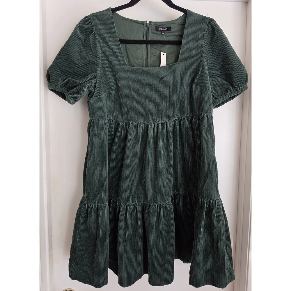 Madewell Corduroy Size 4 Casual Solid Green Cotton Square Neck Mini Dress NWT